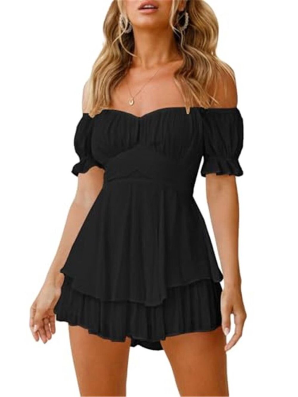 Black Off Shoulder Ruffle Romper Chiffon Shorts Boho Playsuit Mini Dress